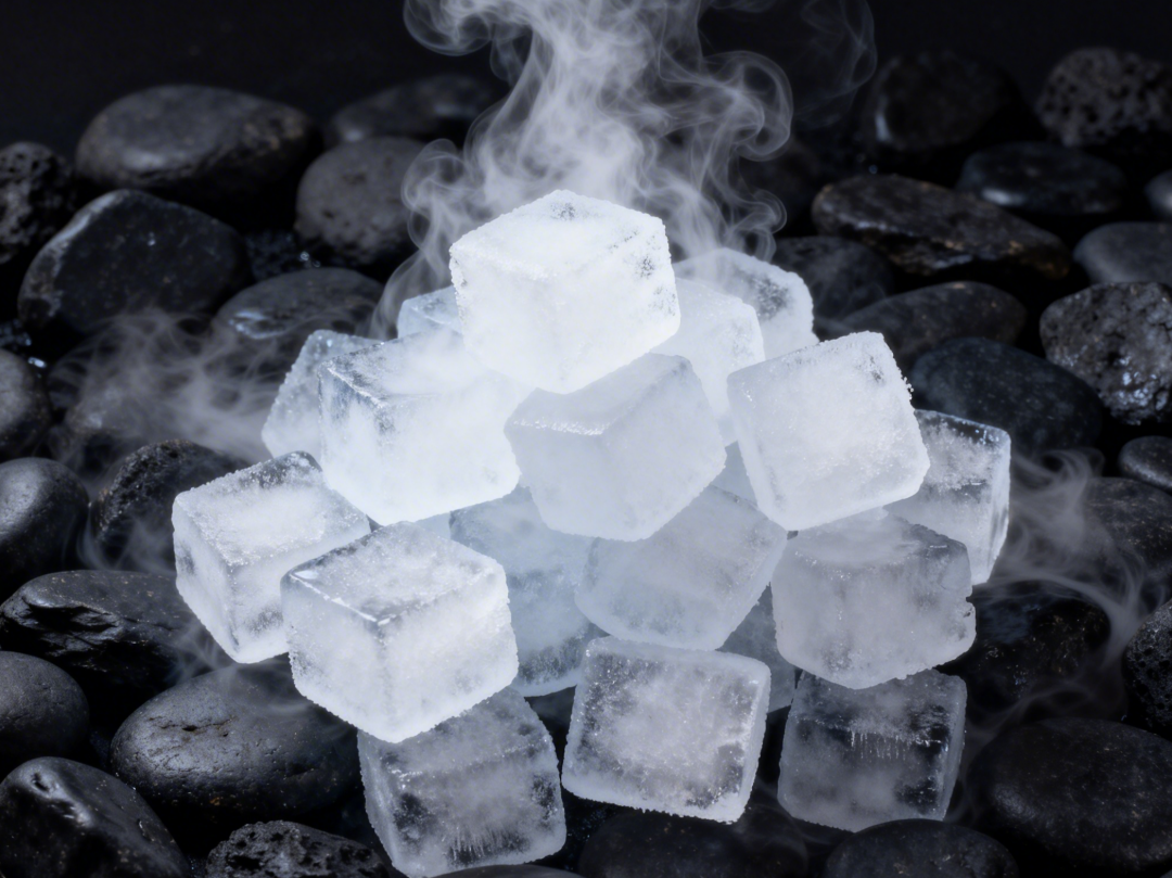 jimeng-2026-03-30-4012-固态干冰 很多小块随意叠放 冒着白气的图片 背景是黑色的石头.png